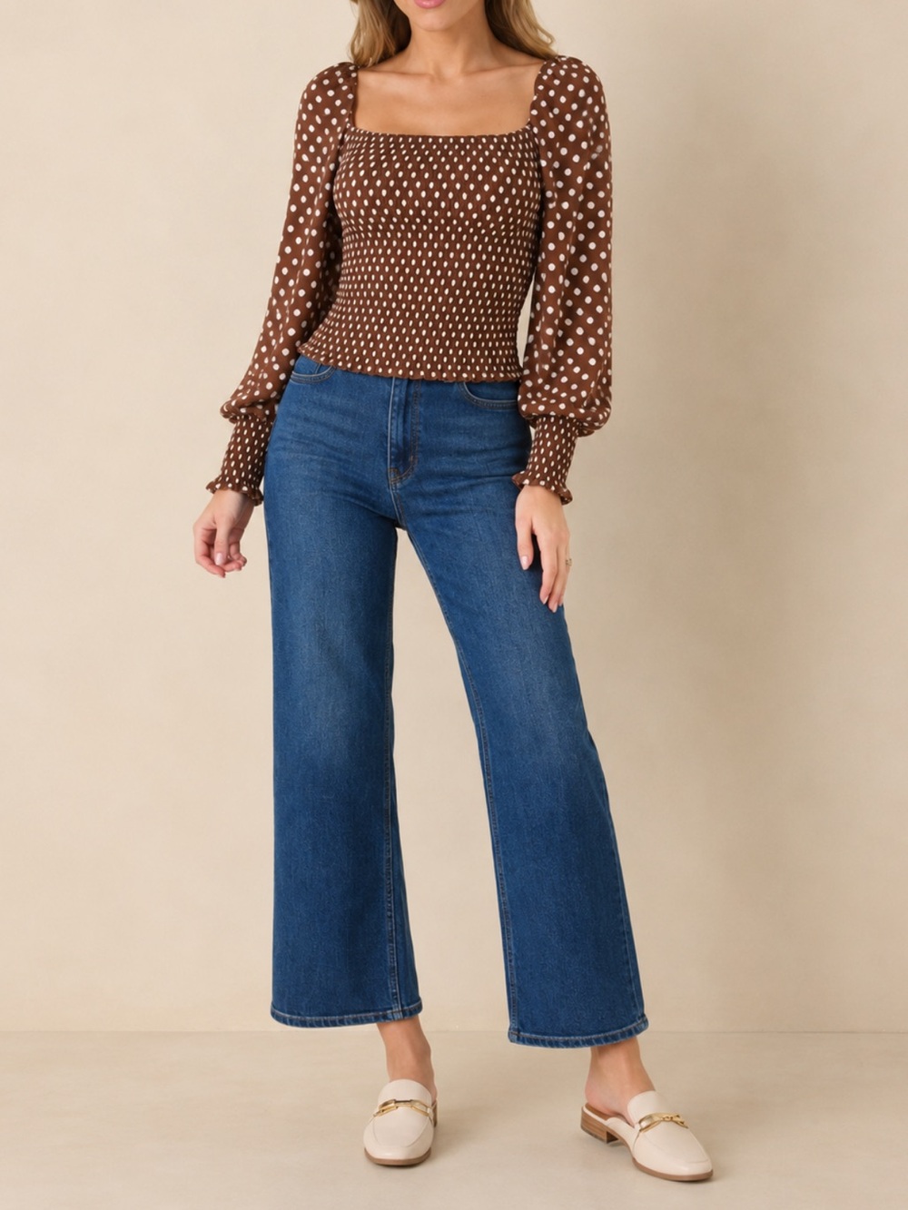 Gianni Bini $89 Angel Dot Puff Sleeve Cropped Brown Plaid Blouse Size S New NWT